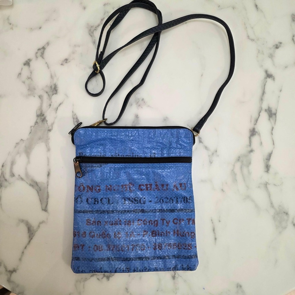 Rehab Craft Crossbody Bag Women Small Blue Upcycled Industrial Woven Graphic Zip
